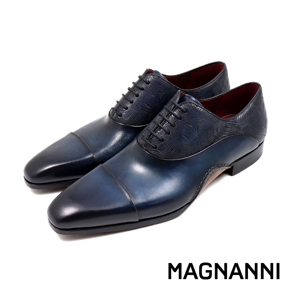 【MAGNANNI】西班牙手工水波紋拼接造型牛津鞋 藍色 (25669-NAVY)