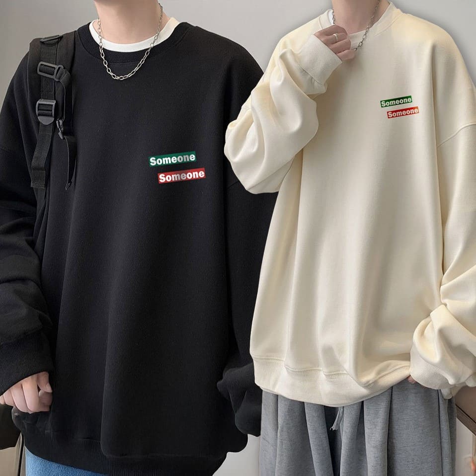 SOMEONE紅綠小標籤  純棉落肩圓領大學TEE 衛衣 男女長袖上衣_0