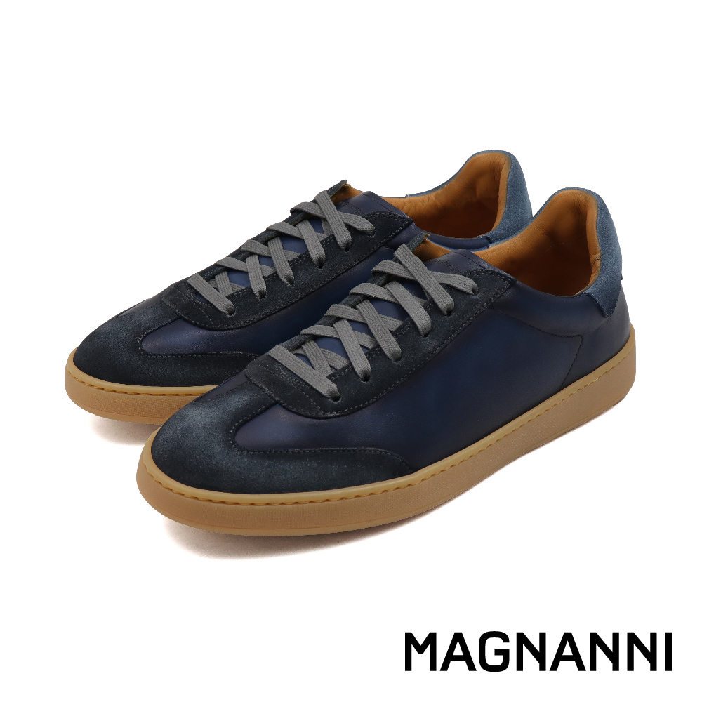 【MAGNANNI】西班牙手工染色拼接造型綁帶休閒鞋 藍色 (25821-NAVY)