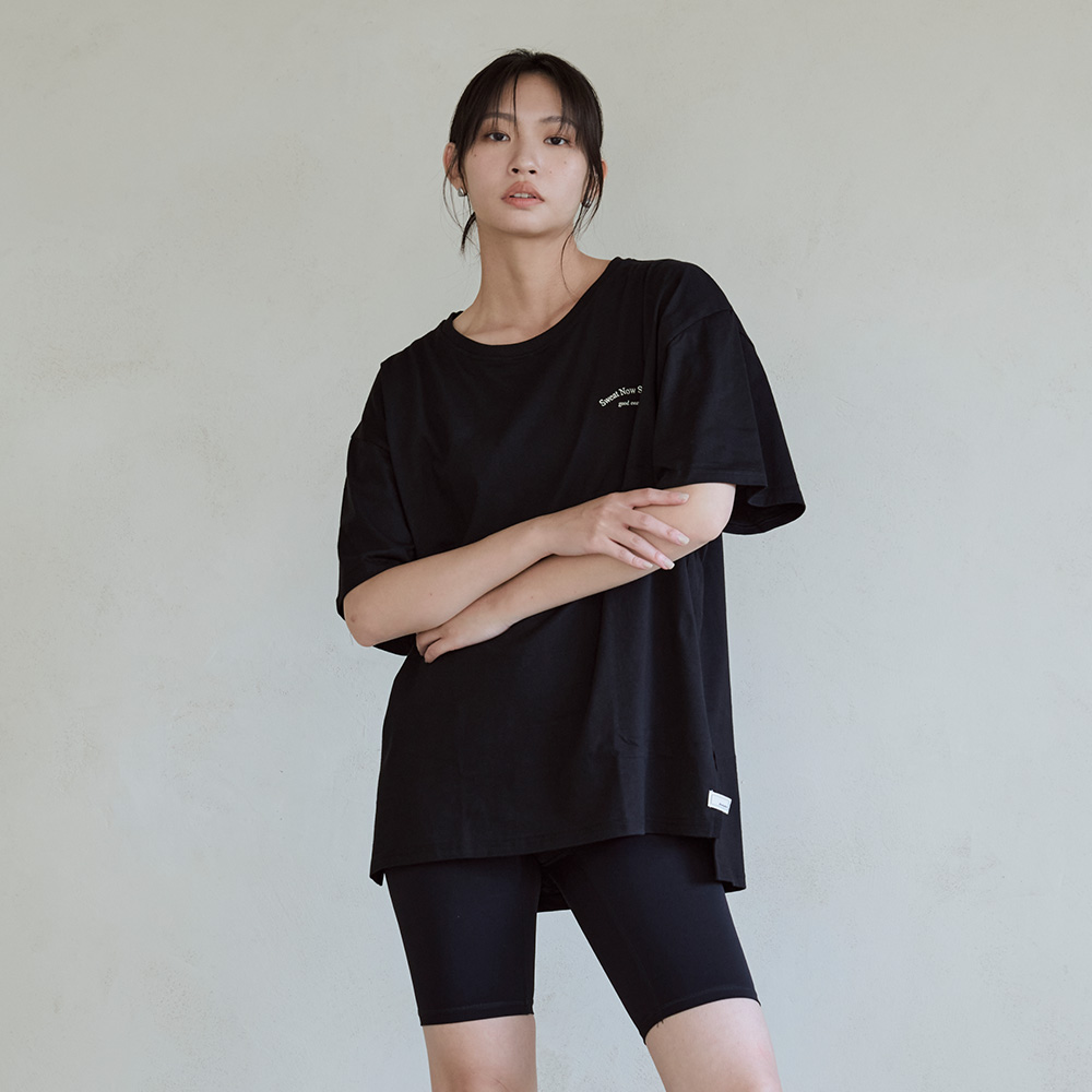 Sweat now標語刺繡開衩長版棉Tee-Black_0