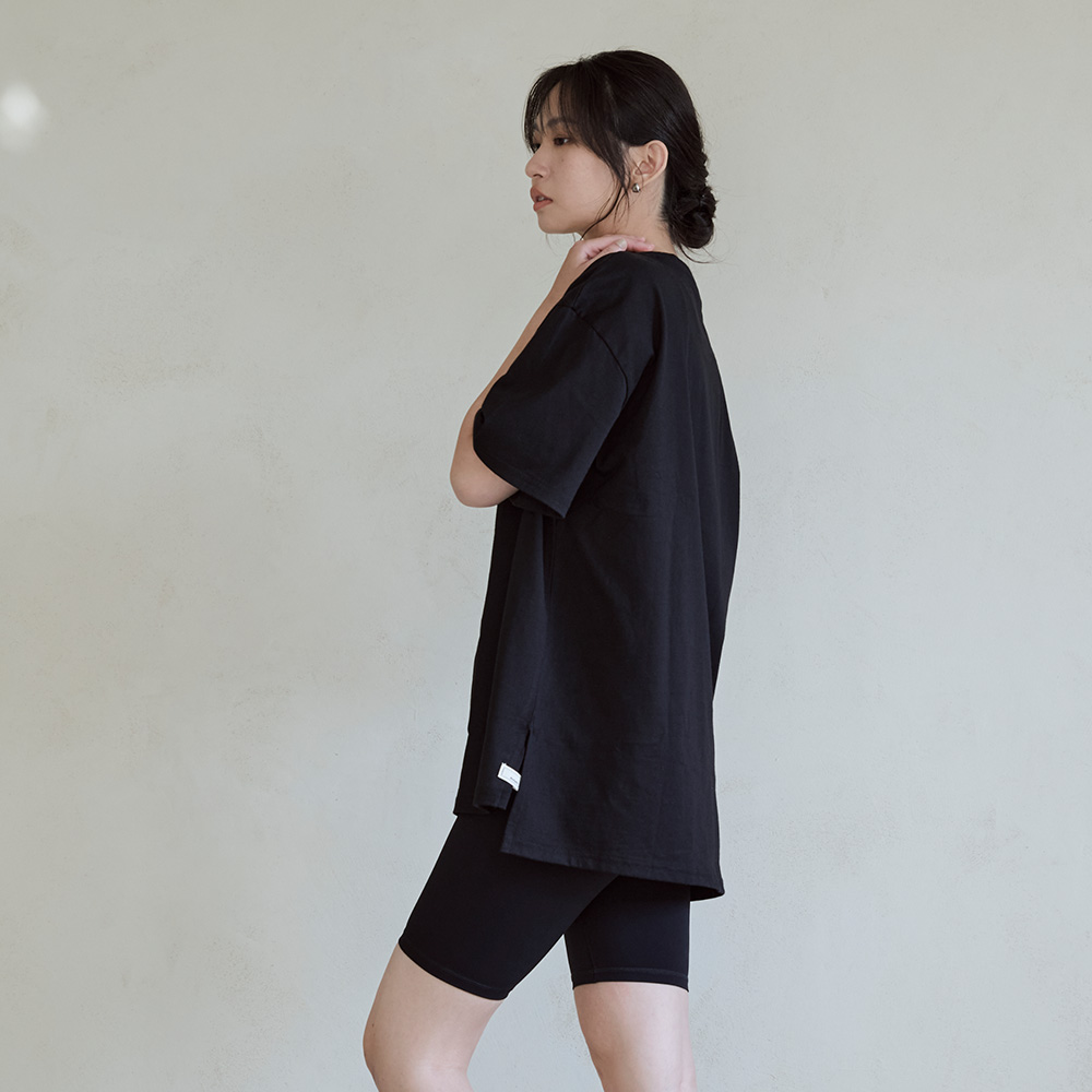 Sweat now標語刺繡開衩長版棉Tee-Black_1