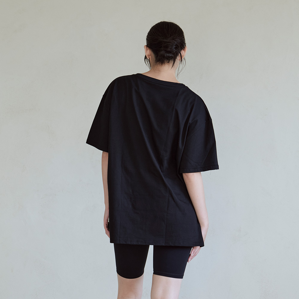 Sweat now標語刺繡開衩長版棉Tee-Black_2