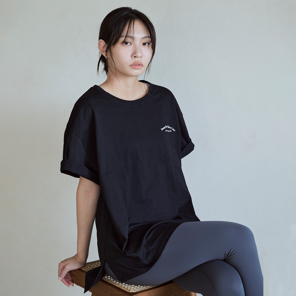 Sweat now標語刺繡開衩長版棉Tee-Black_4