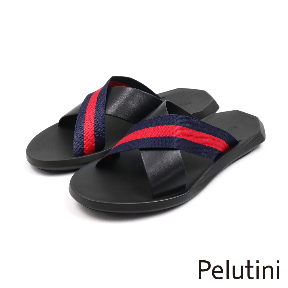 【Pelutini】休閒止滑交叉織帶造型拖鞋 紅藍色(409101-BLBURE)