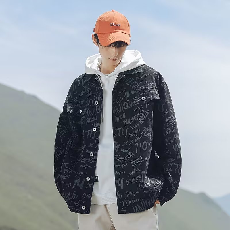 日系時尚英文字母印花牛仔夾克_0