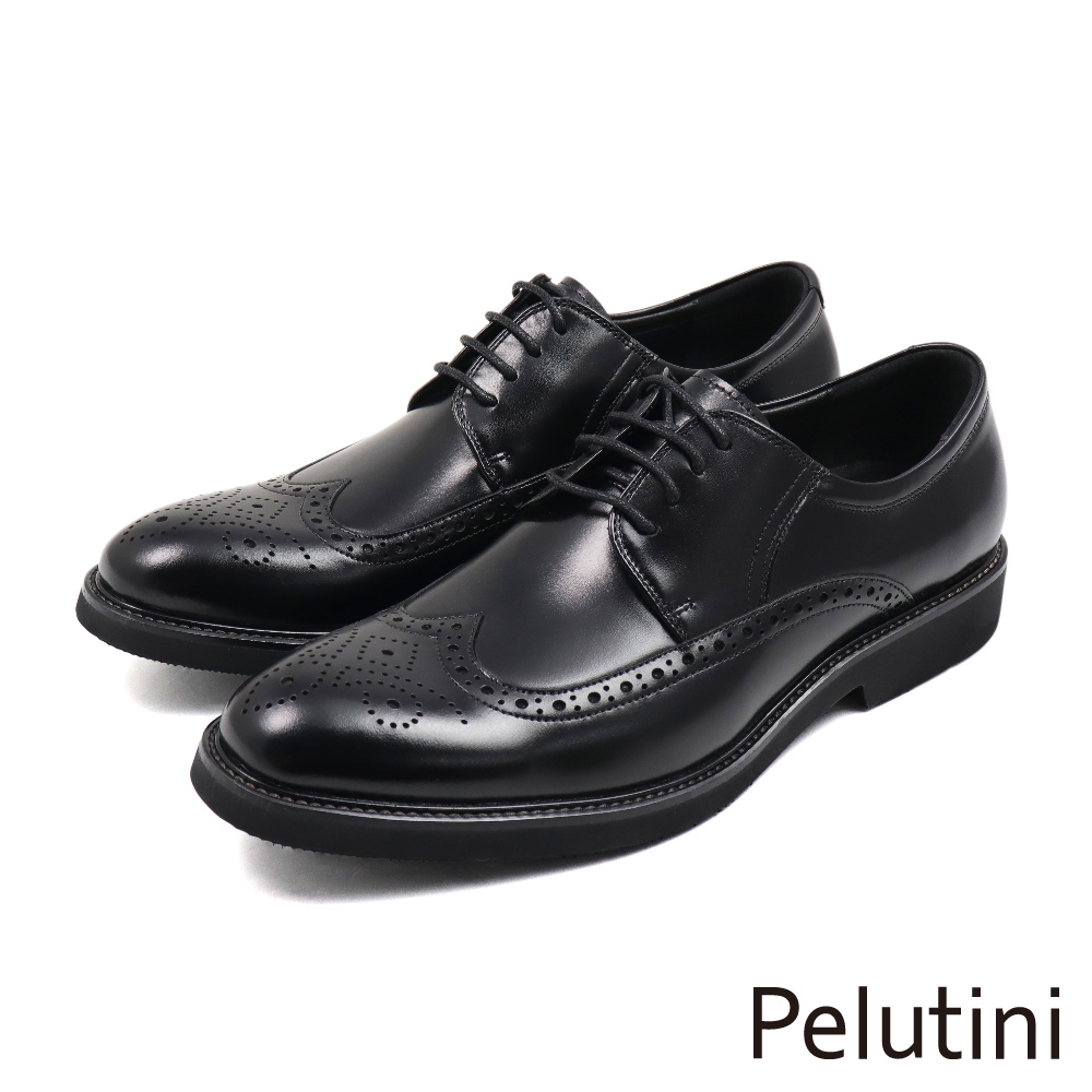 【Pelutini】經典質感翼紋雕花綁帶德比鞋 黑色(411102-BL)
