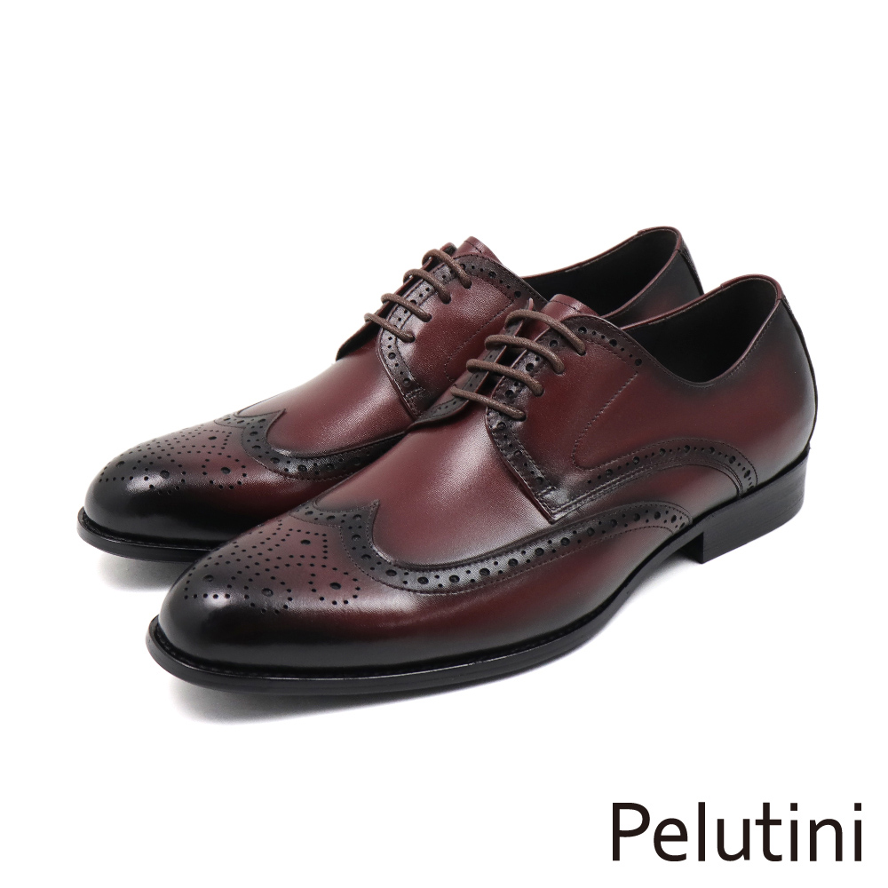 【Pelutini】經典質感翼紋雕花綁帶德比鞋 酒紅色(411103-WIN)