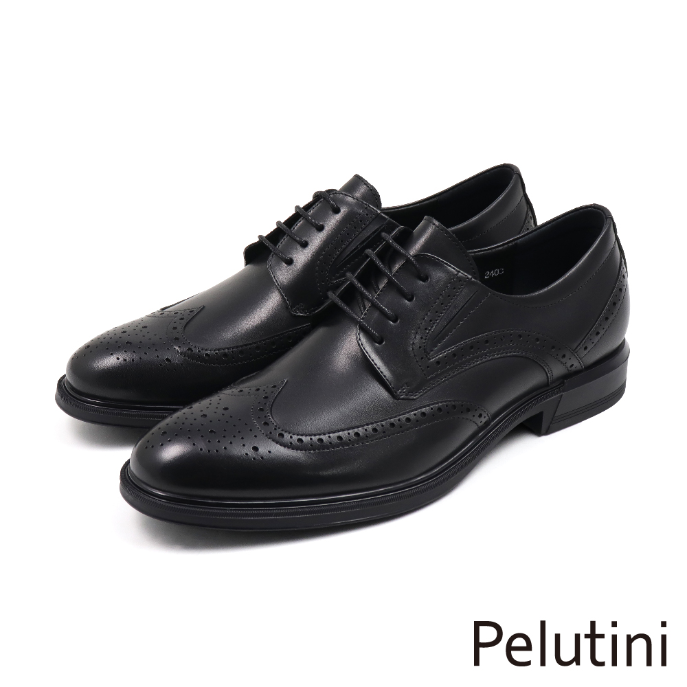 【Pelutini】經典輕量翼紋雕花綁帶德比鞋 黑色(411104-BL)