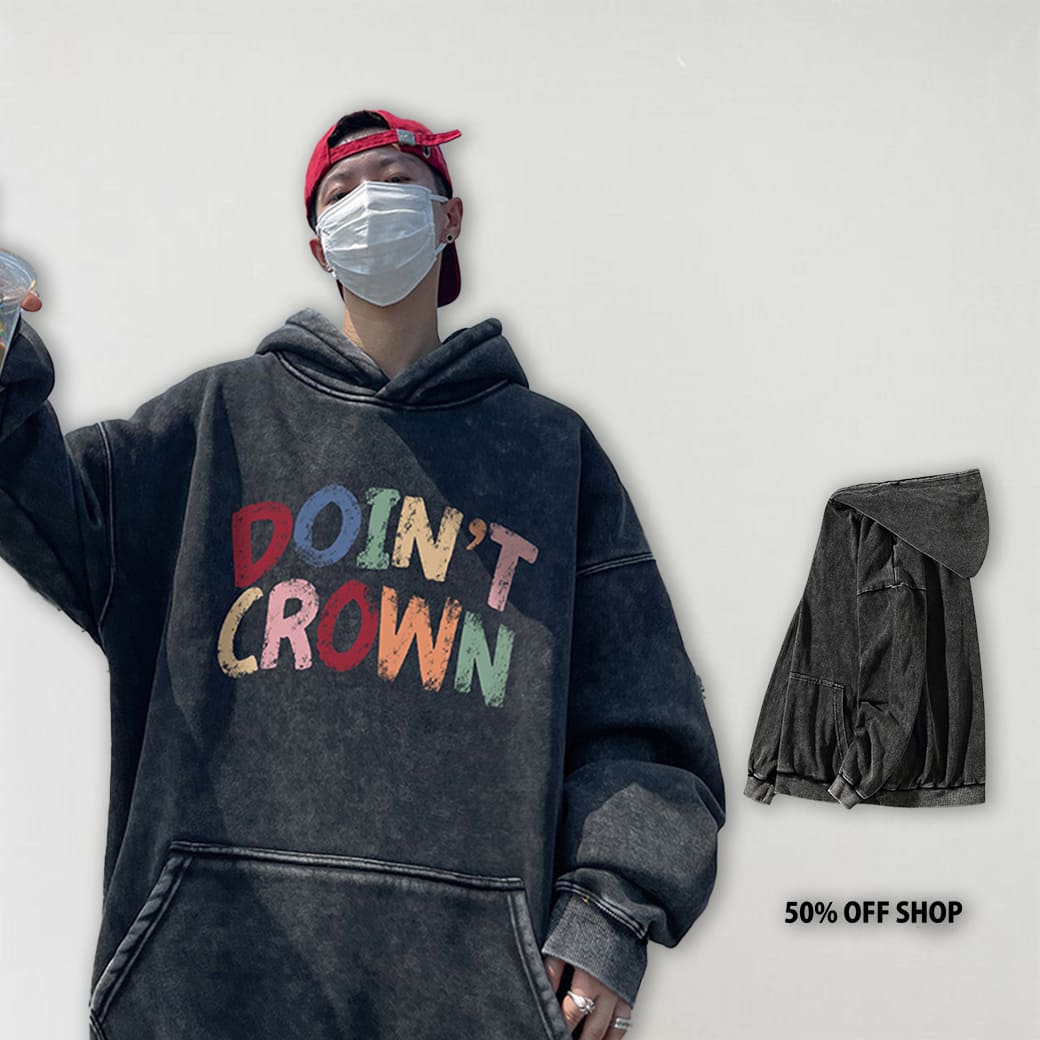 粉筆感彩色CROWN水洗落肩純棉連帽大學TEE 重磅連帽衛衣_0