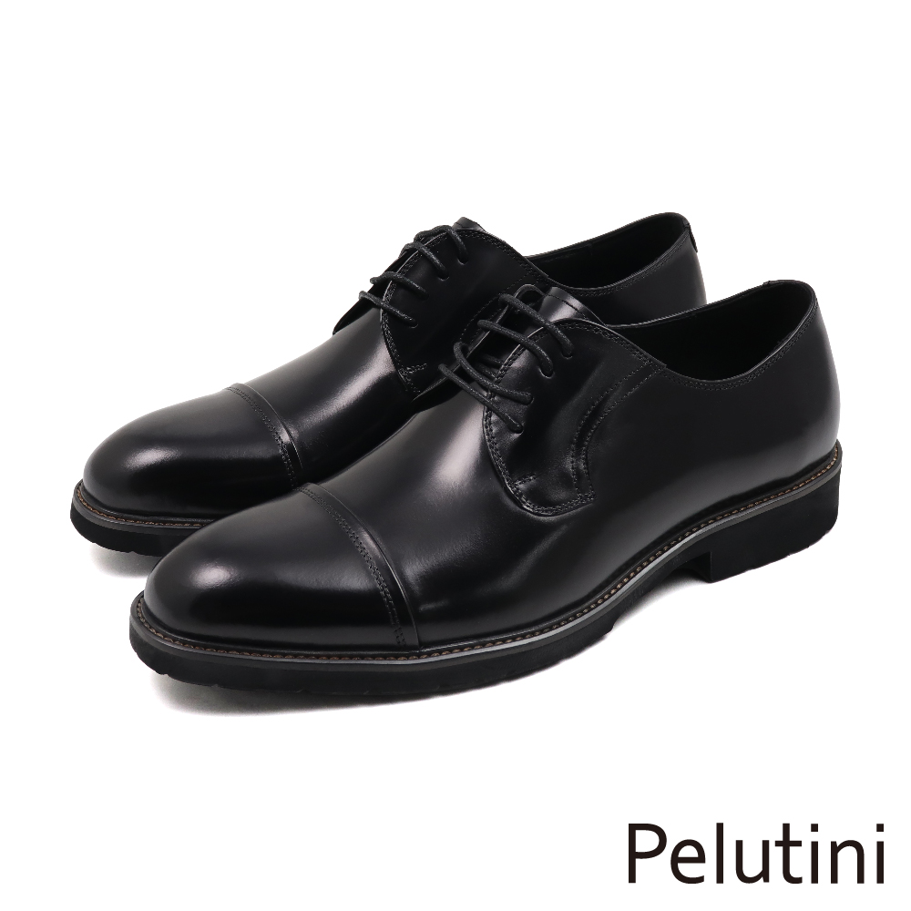 【Pelutini】經典輕量素面簡約橫飾綁帶德比鞋 黑色(413105-BL)