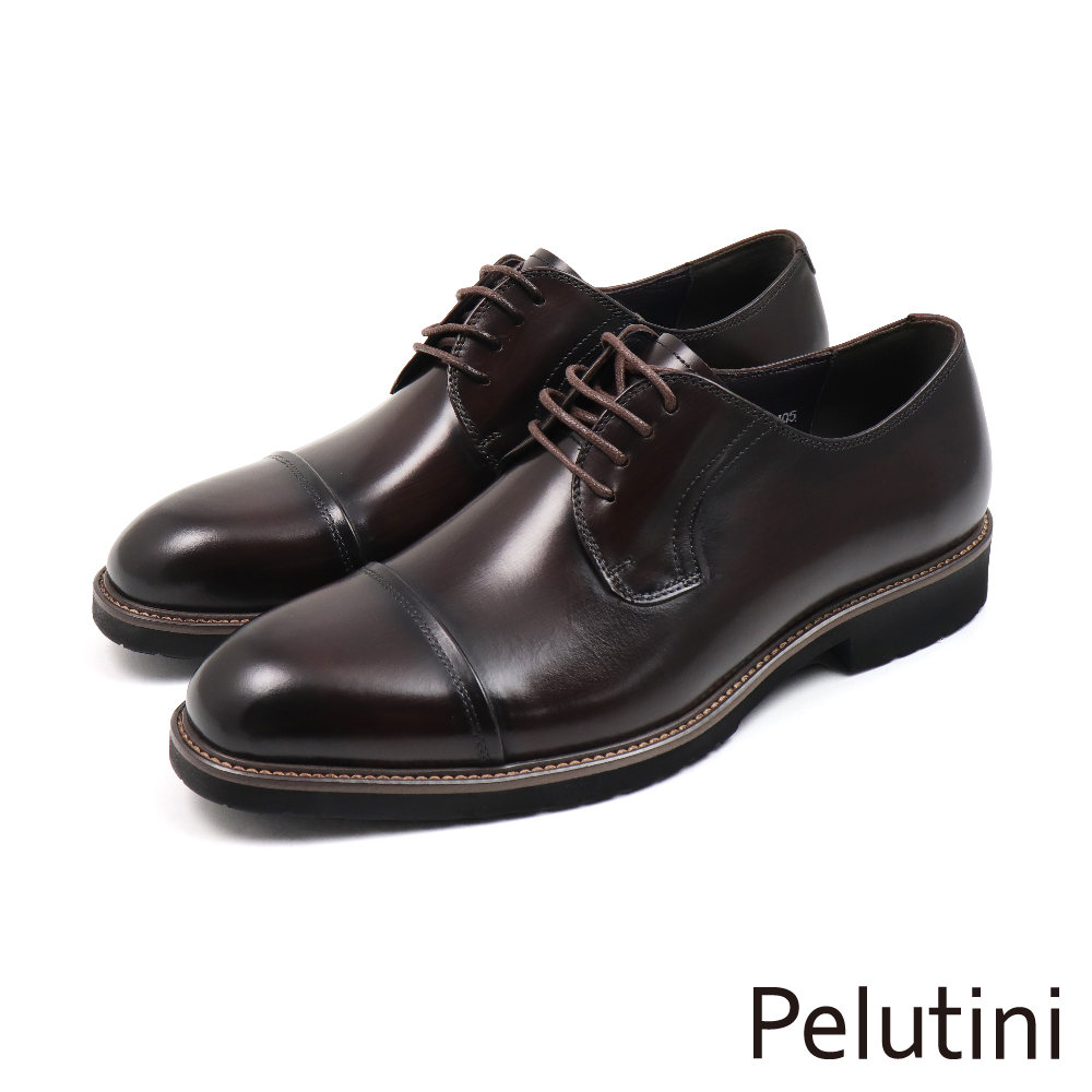 【Pelutini】經典輕量素面簡約橫飾綁帶德比鞋 深棕色(413105-DBR)