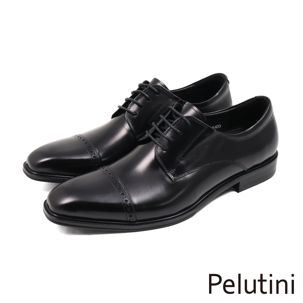 【Pelutini】經典輕量簡約橫飾雕孔綁帶德比鞋 黑色(413106-BL)