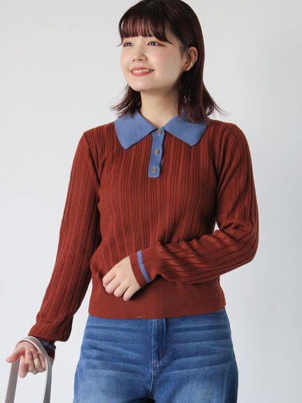 【WEB先行販售】復古撞色滾邊半排釦翻領針織上衣(0F000107310) - ehka sopo