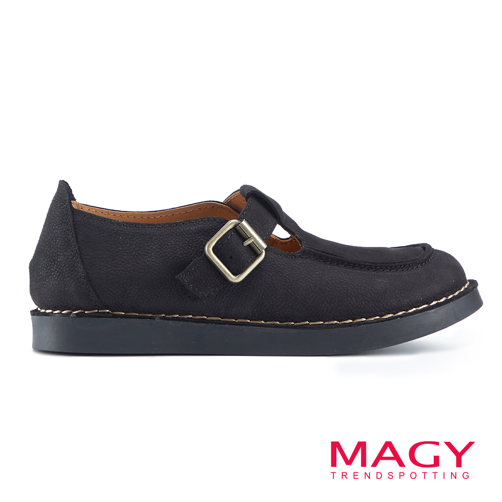 MAGY 復古車線Ｔ字真皮休閒鞋 黑色 #14850