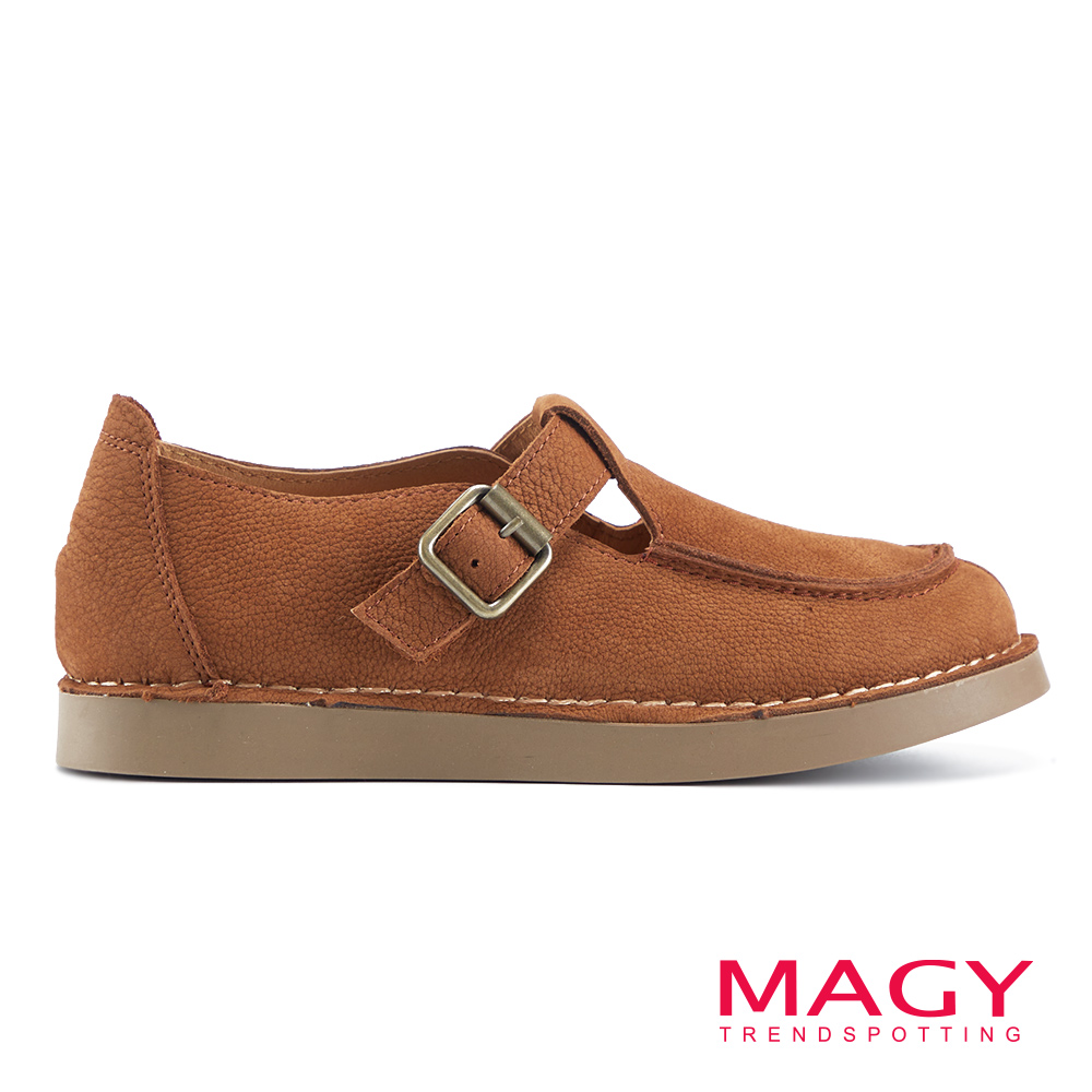 MAGY 復古車線Ｔ字真皮休閒鞋 棕色 #14850
