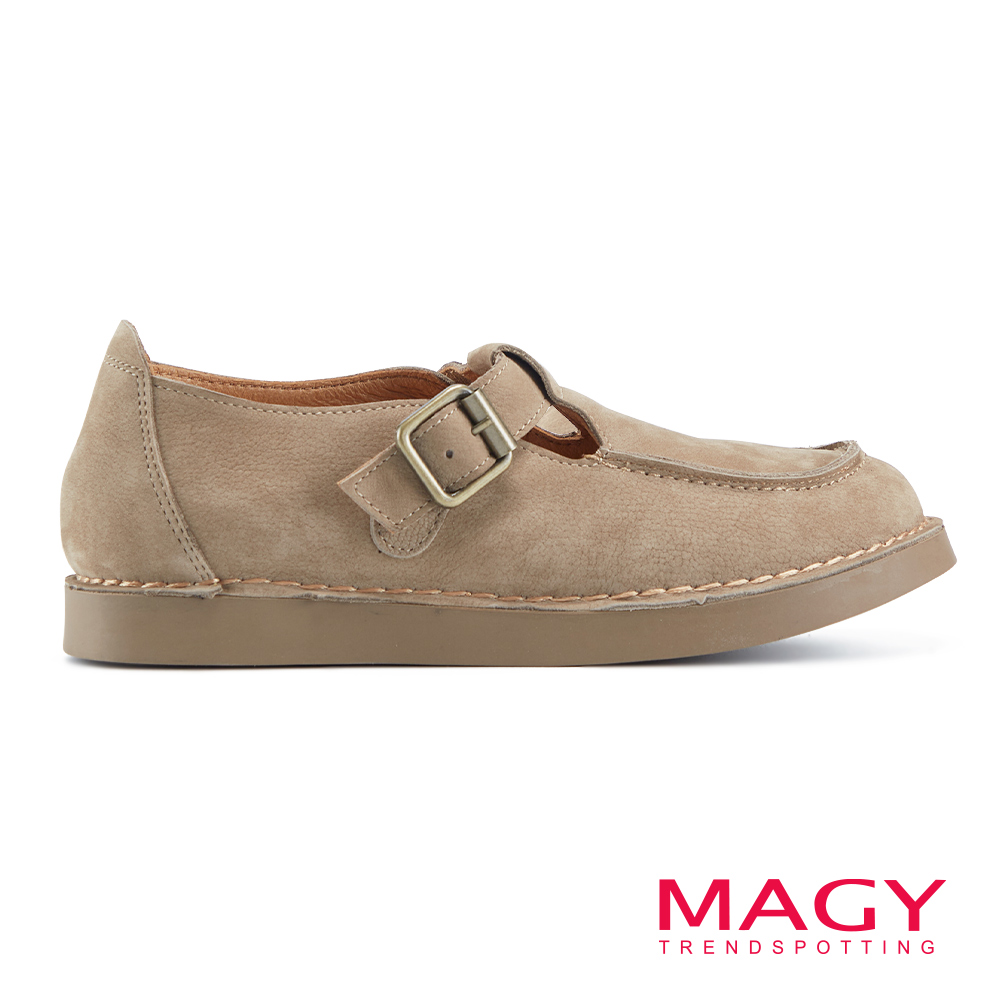MAGY 復古車線Ｔ字真皮休閒鞋 可可 #14850