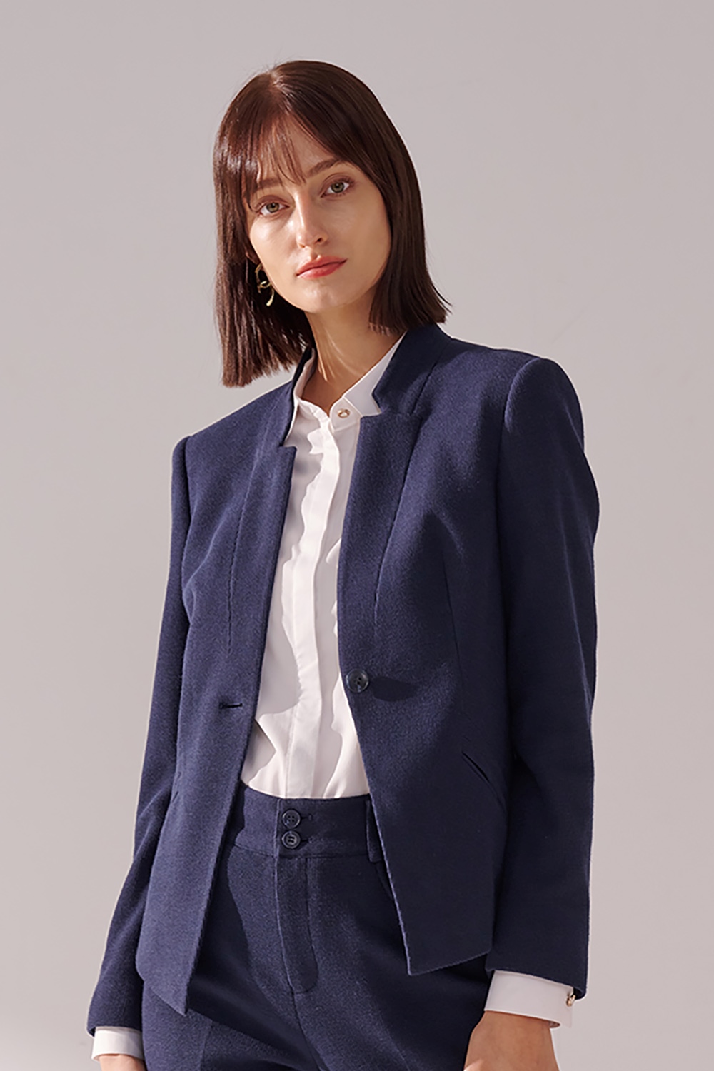 SST&C Navy Textured Stretch-Knit Collarless Suit Jacket | 01012409002_0