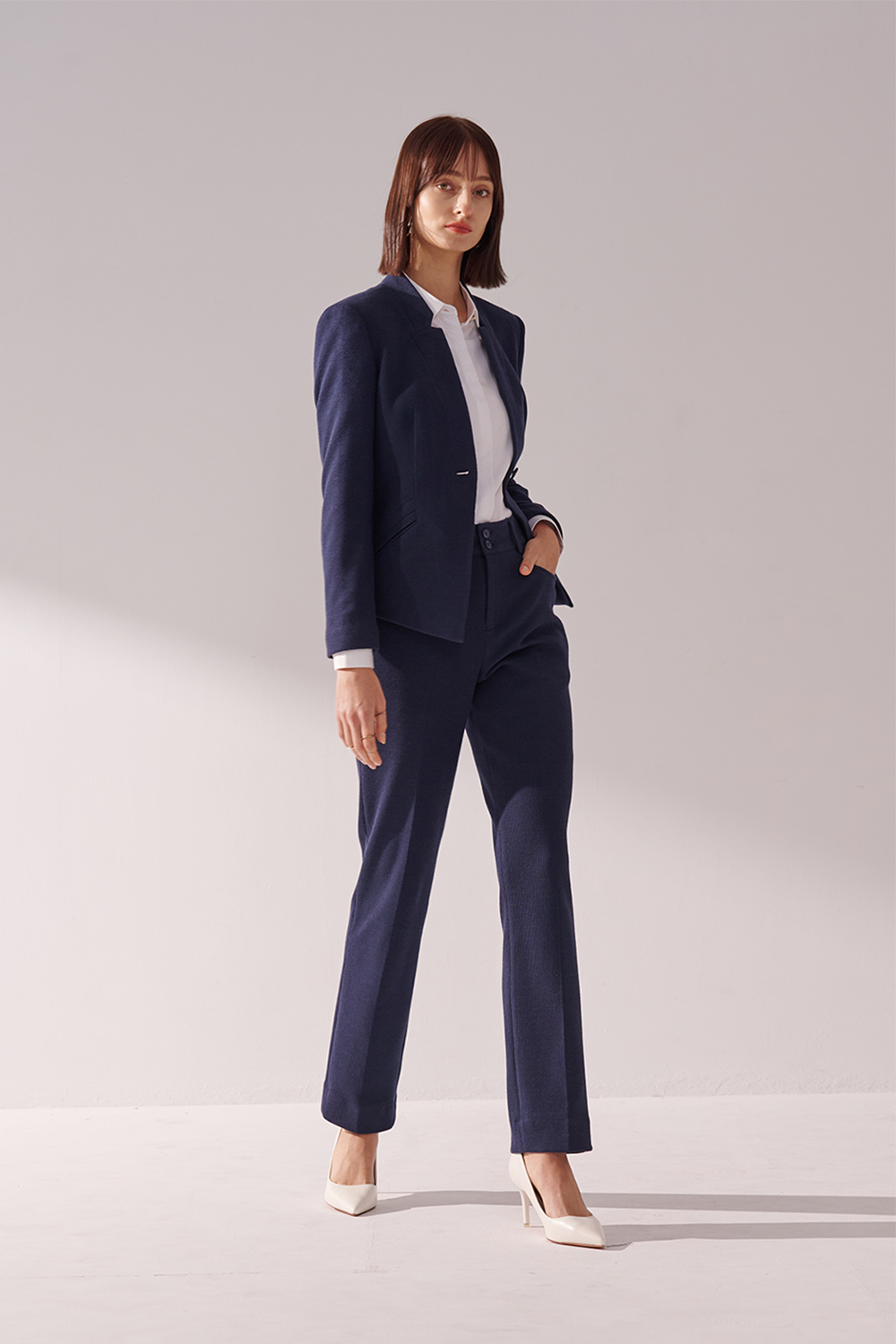SST&C Navy Textured Stretch-Knit Collarless Suit Jacket | 01012409002_3