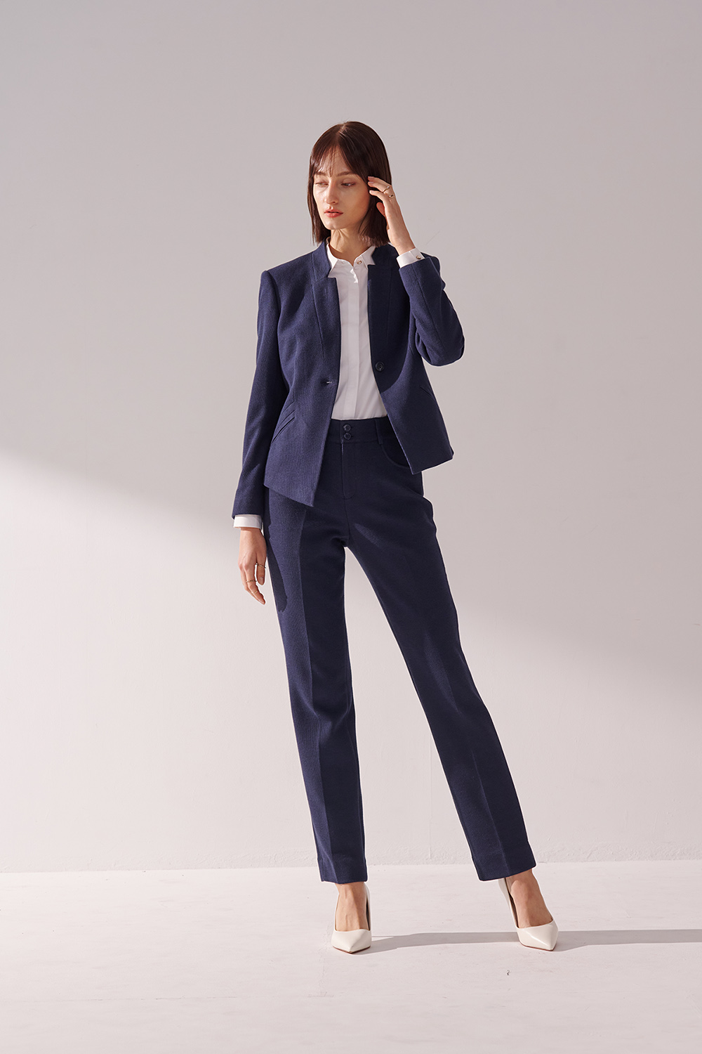 SST&C Navy Textured Stretch-Knit Collarless Suit Jacket | 01012409002_4