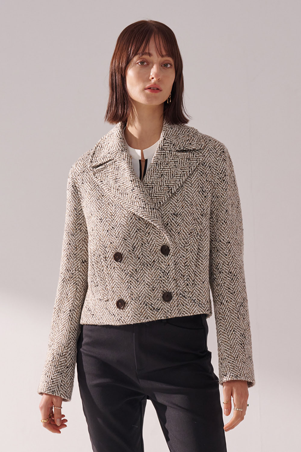 SST&C Khaki White Herringbone Short Woolen Coat | 01132410002_0