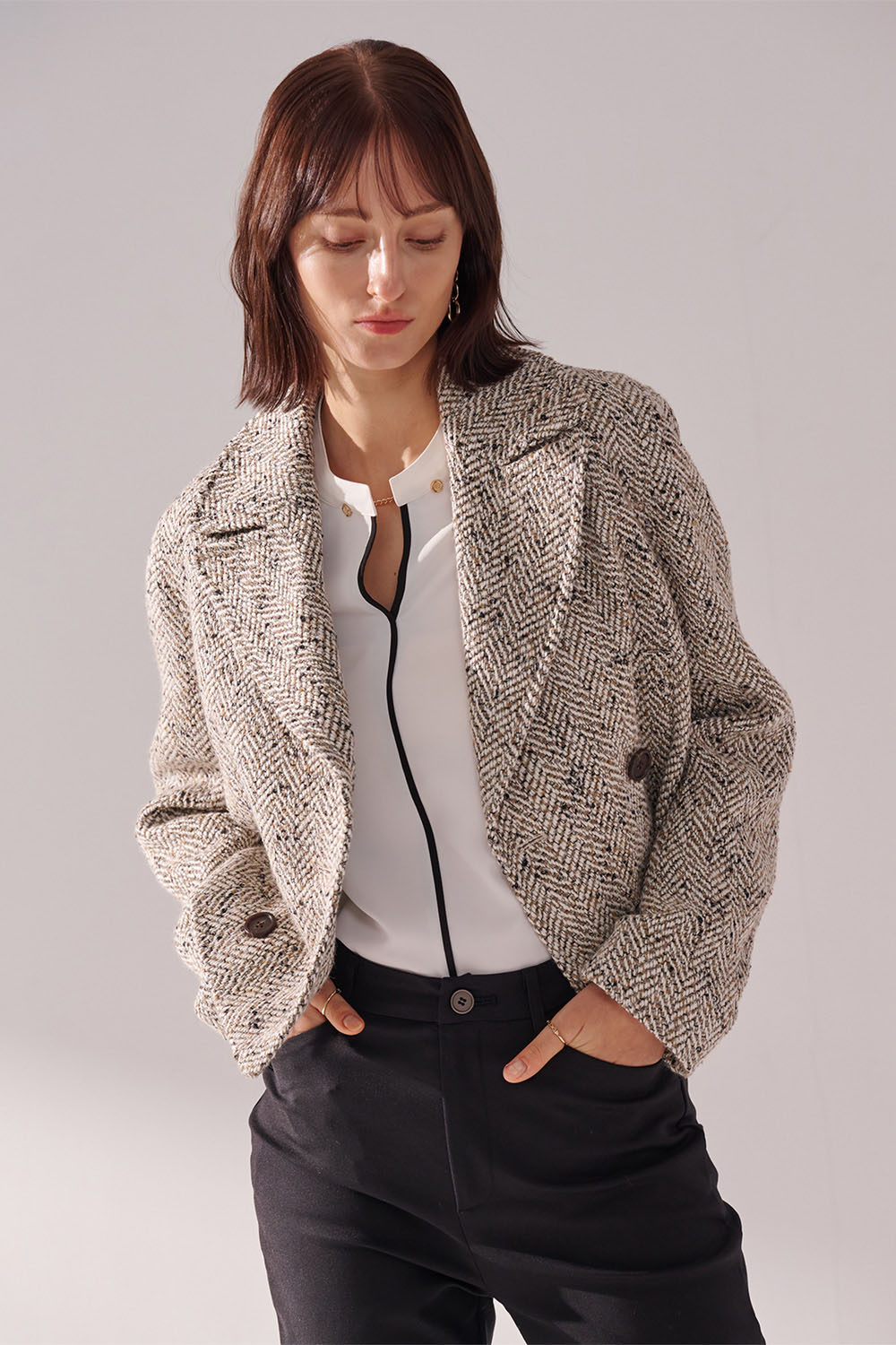 SST&C Khaki White Herringbone Short Woolen Coat | 01132410002_1