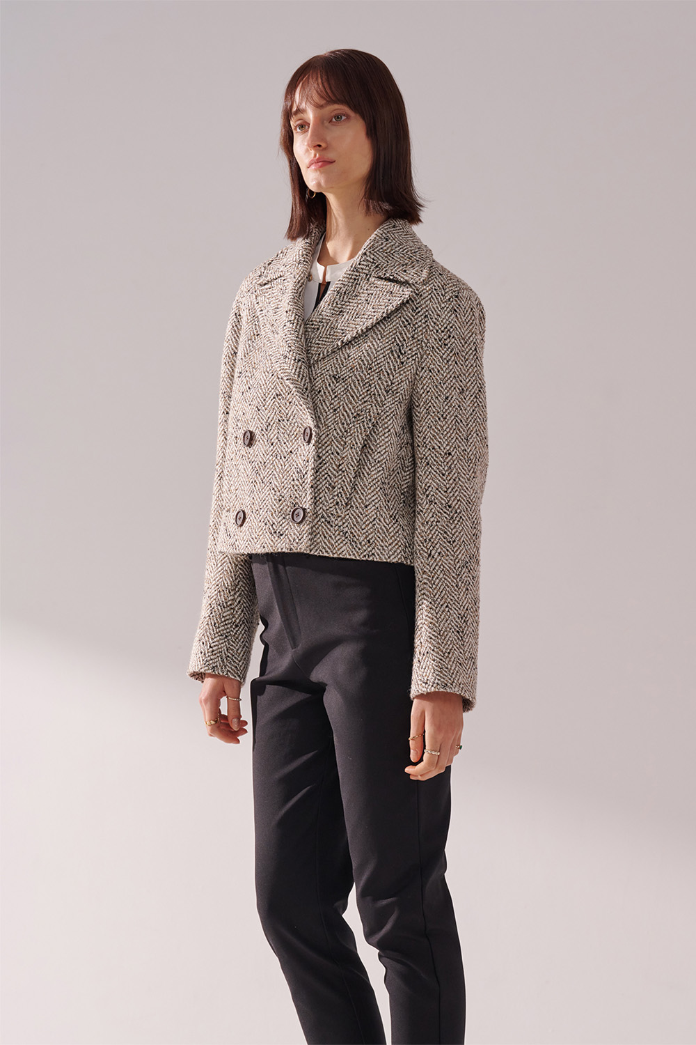 SST&C Khaki White Herringbone Short Woolen Coat | 01132410002_2