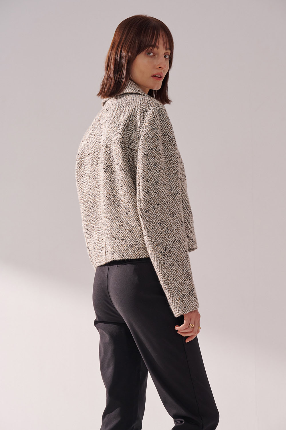 SST&C Khaki White Herringbone Short Woolen Coat | 01132410002_3