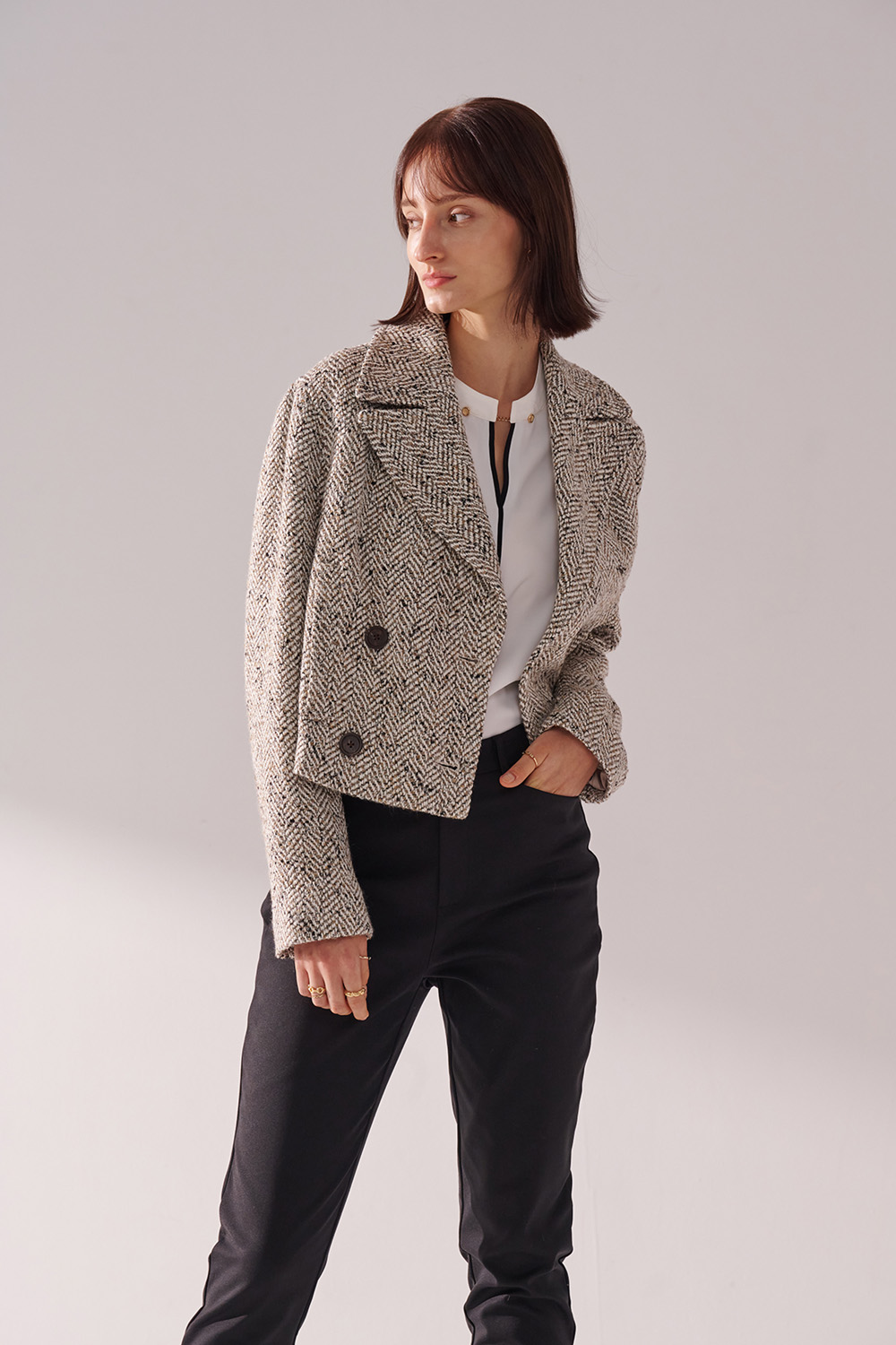 SST&C Khaki White Herringbone Short Woolen Coat | 01132410002_4