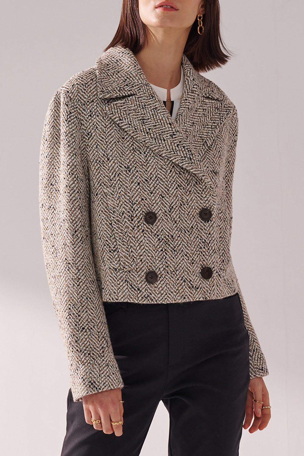 SST&C Khaki White Herringbone Short Woolen Coat | 01132410002_6