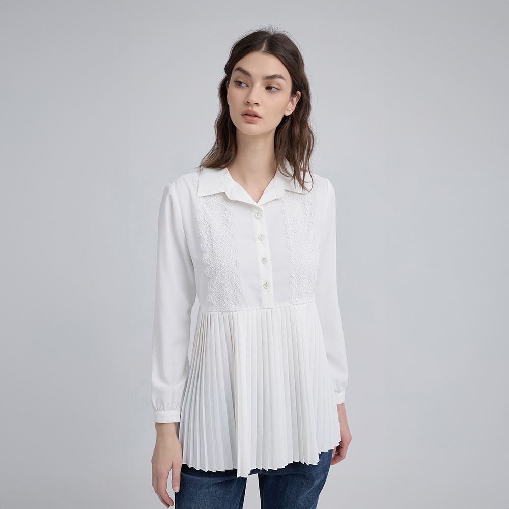 ILEY伊蕾 蕾絲壓摺拼接長版襯衫(白；M-XL)_0