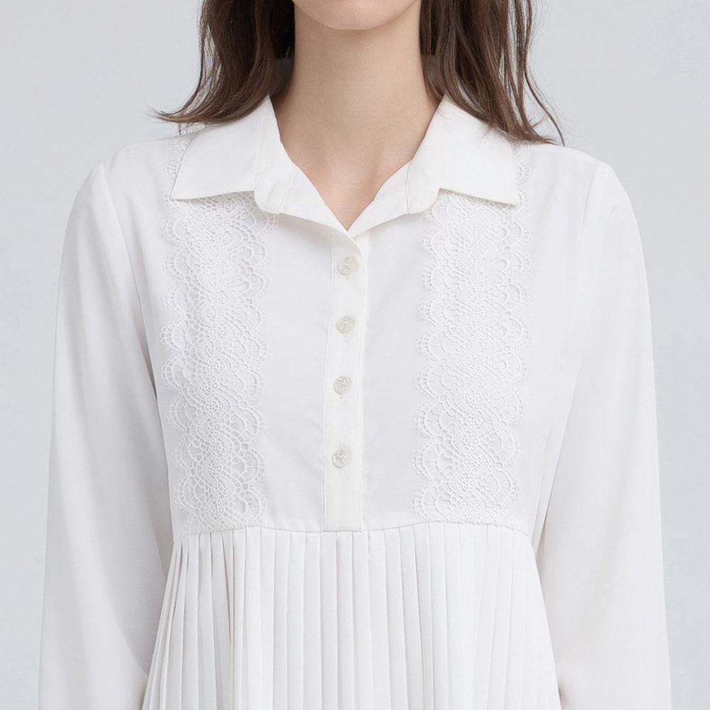 ILEY伊蕾 蕾絲壓摺拼接長版襯衫(白；M-XL)_2