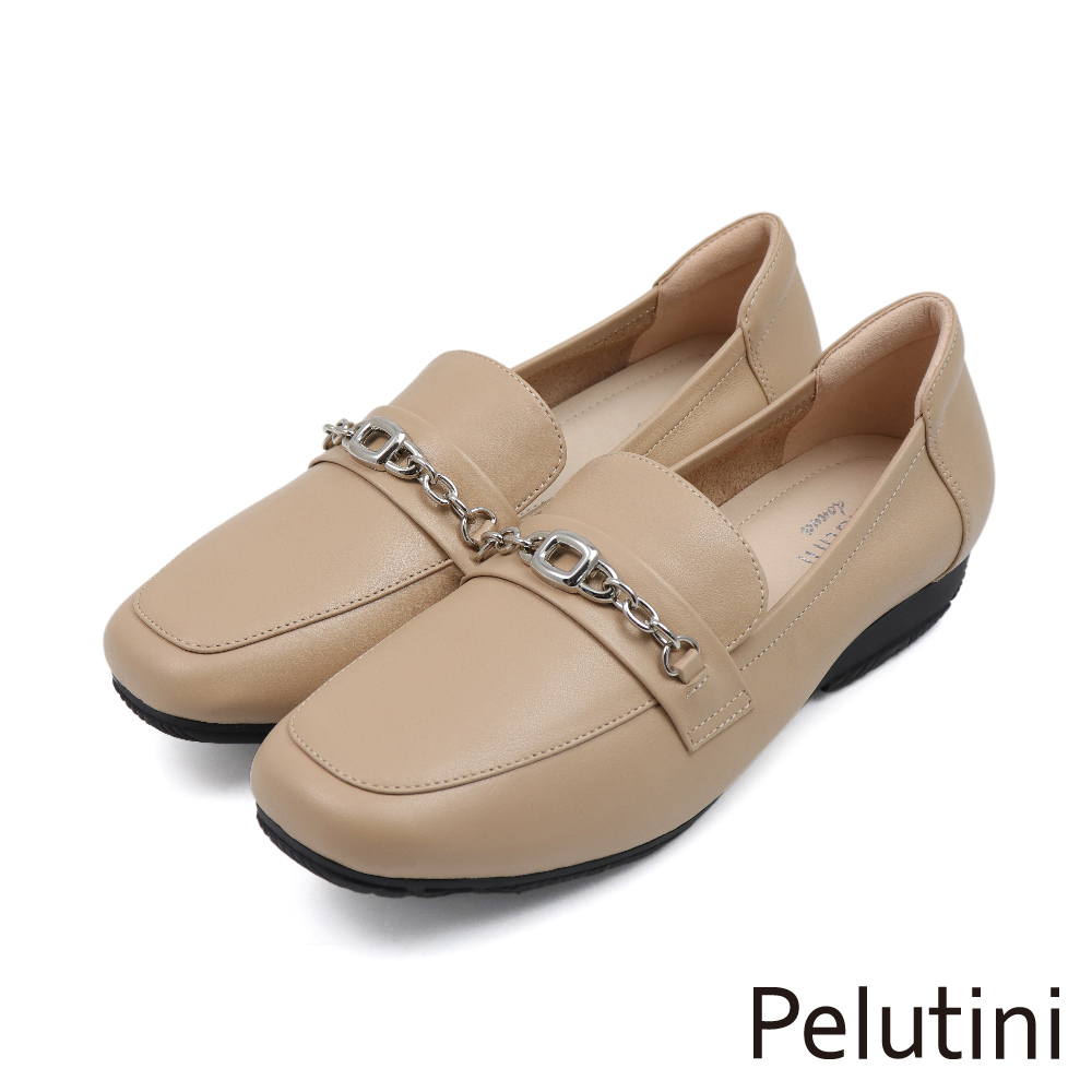 【Pelutini】經典鍊條釦飾造型樂福鞋 米色(431125W-BE)