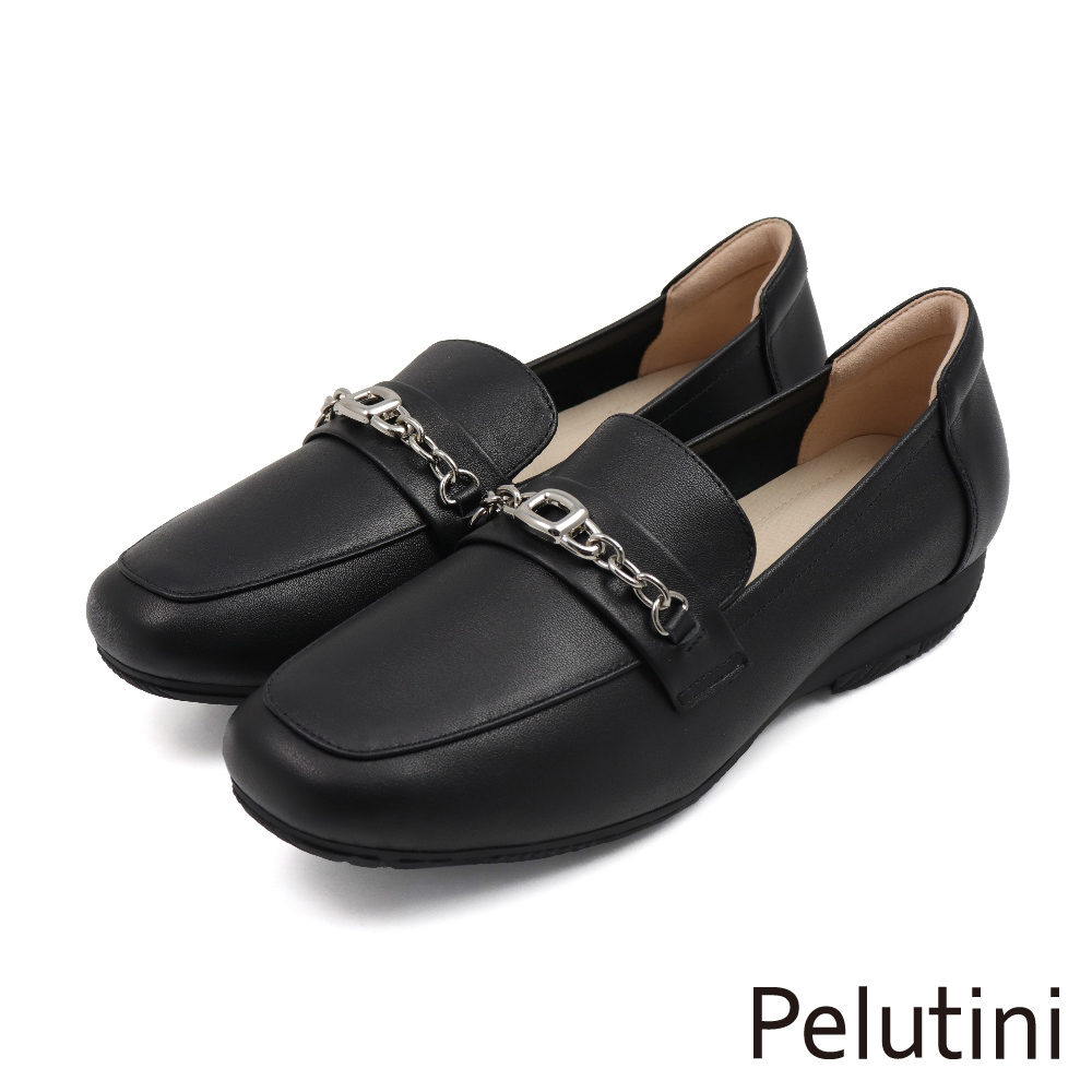 【Pelutini】經典鍊條釦飾造型樂福鞋 黑色(431125W-BL)