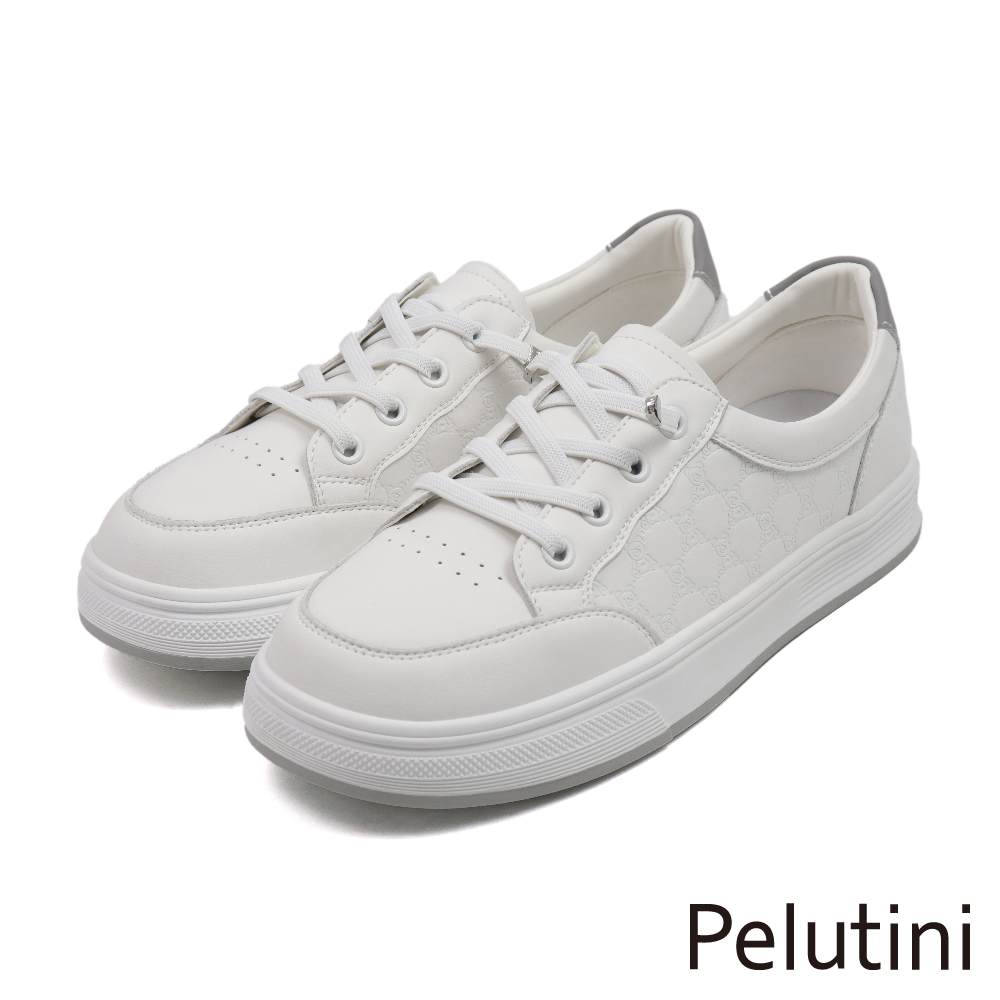 【Pelutini】免綁帶皮質小熊壓紋休閒鞋 白色(435107W-WH)