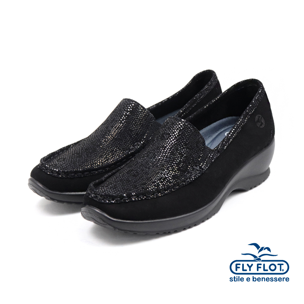 【FLYFLOT】義大利原廠亮片莫卡辛彈力休閒鞋 黑色(17Y36-2X-BL)