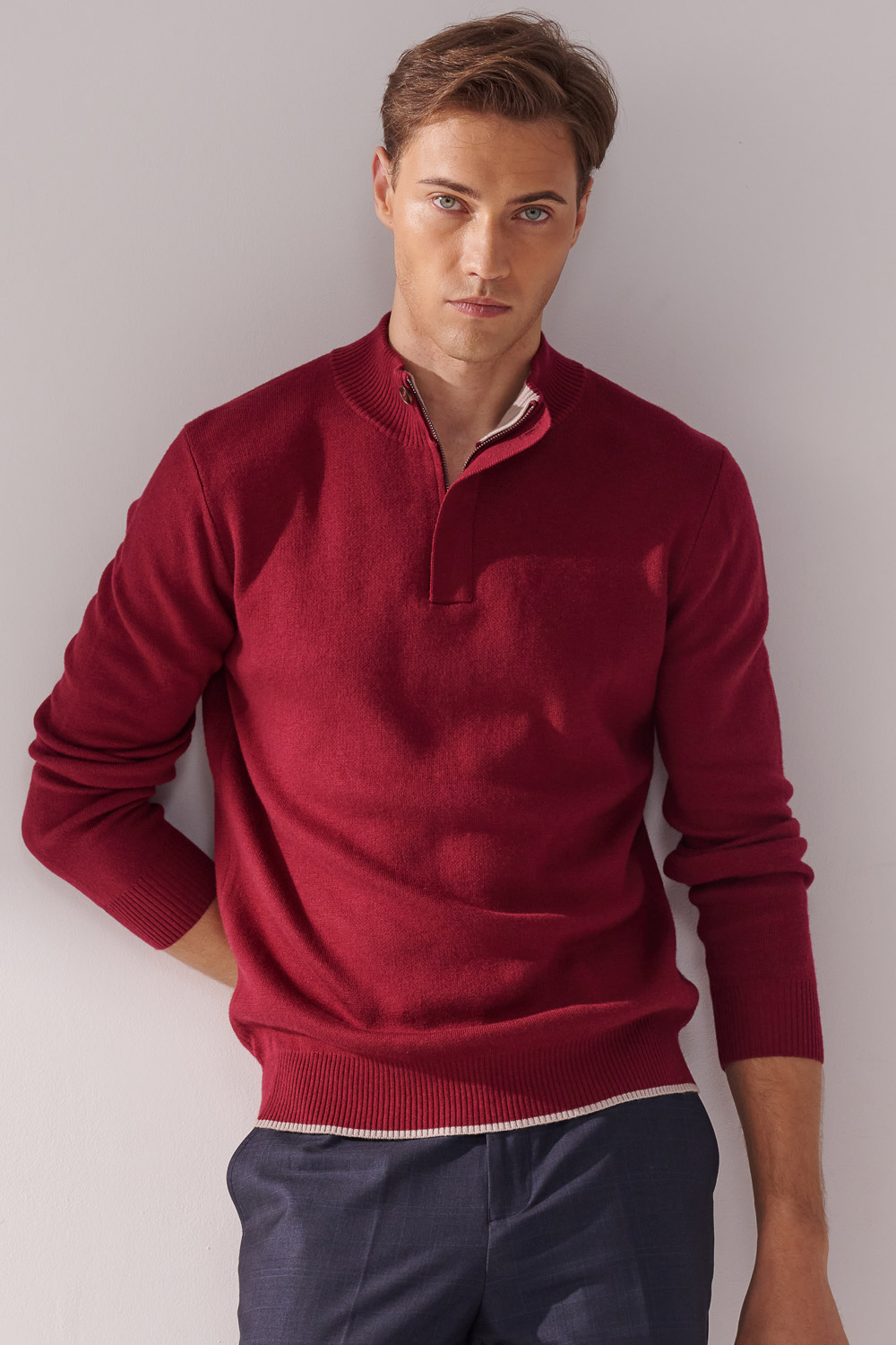 SST&C Burgundy Red Cashmere Half-Zip Sweater | 00182411002_0