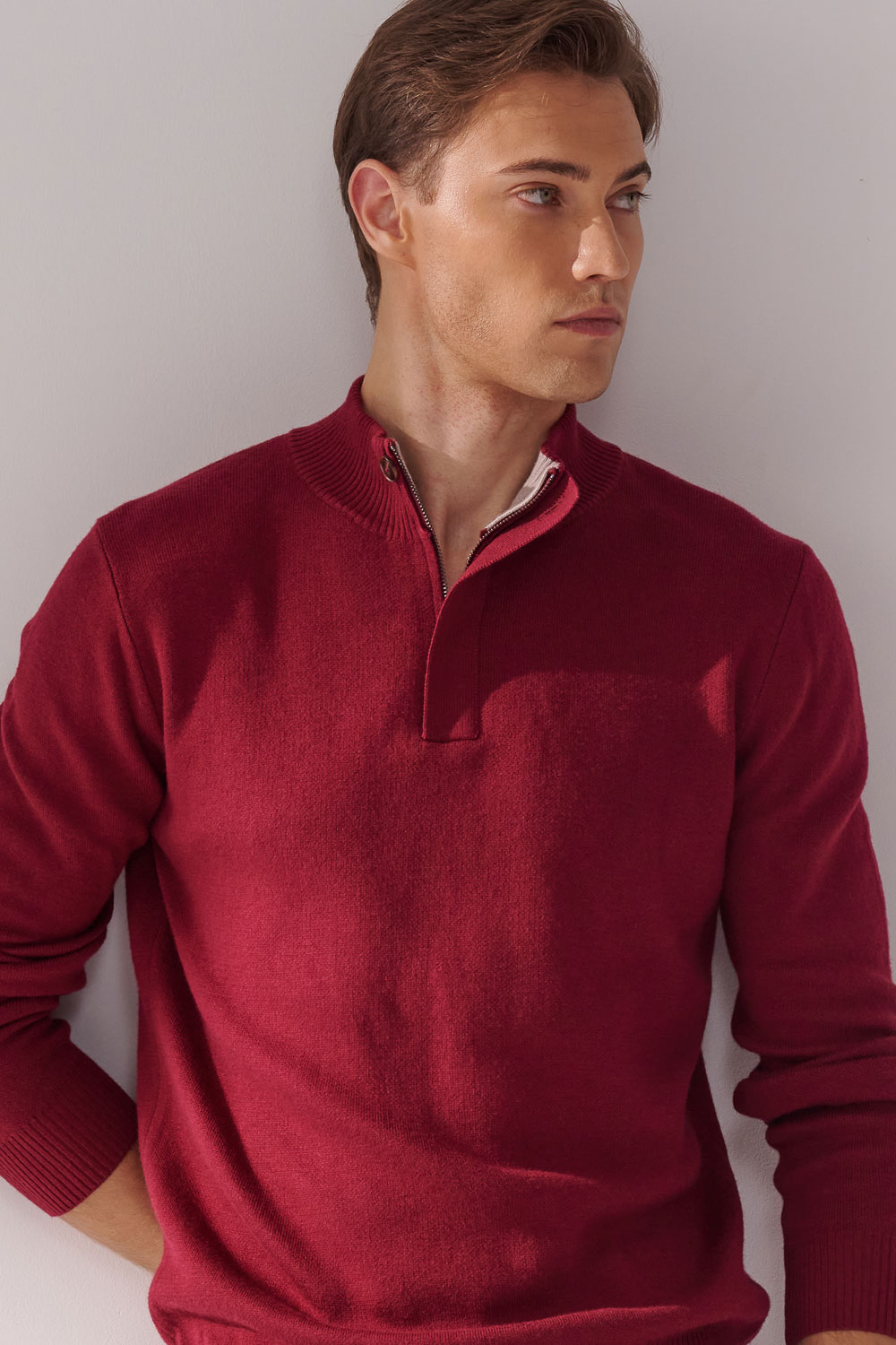 SST&C Burgundy Red Cashmere Half-Zip Sweater | 00182411002_1