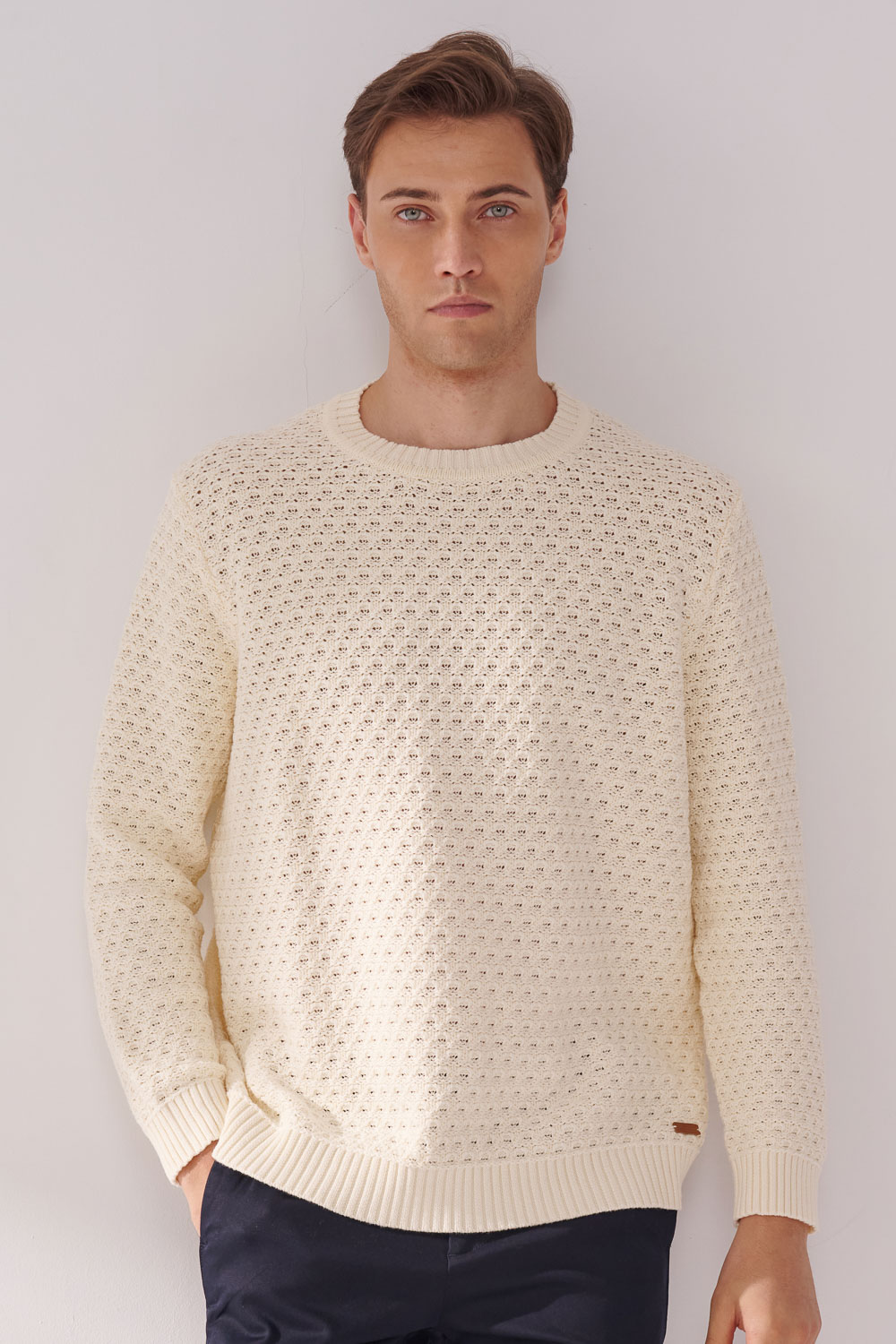 SST&C Off-White Cotton Hollow Crew Neck Sweater | 00182411003_0