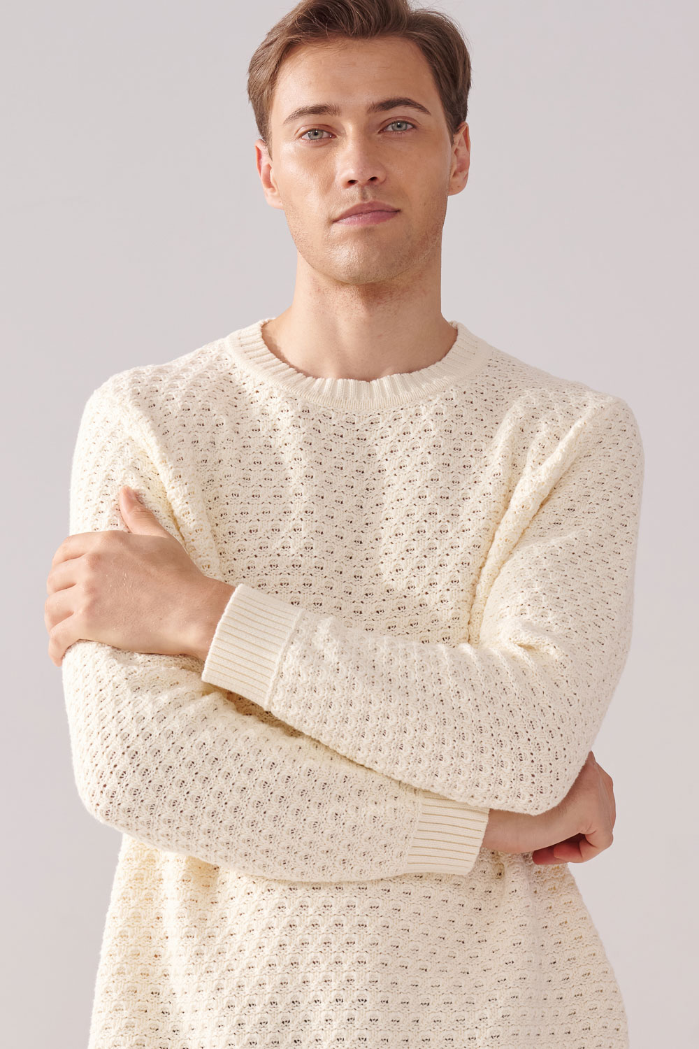 SST&C Off-White Cotton Hollow Crew Neck Sweater | 00182411003_1