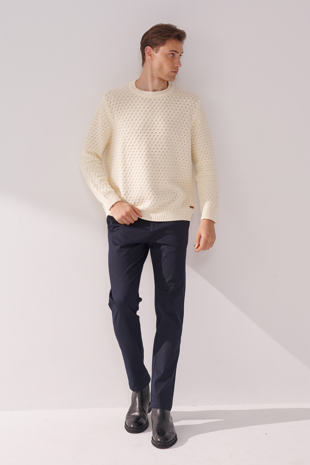 SST&C Off-White Cotton Hollow Crew Neck Sweater | 00182411003_2