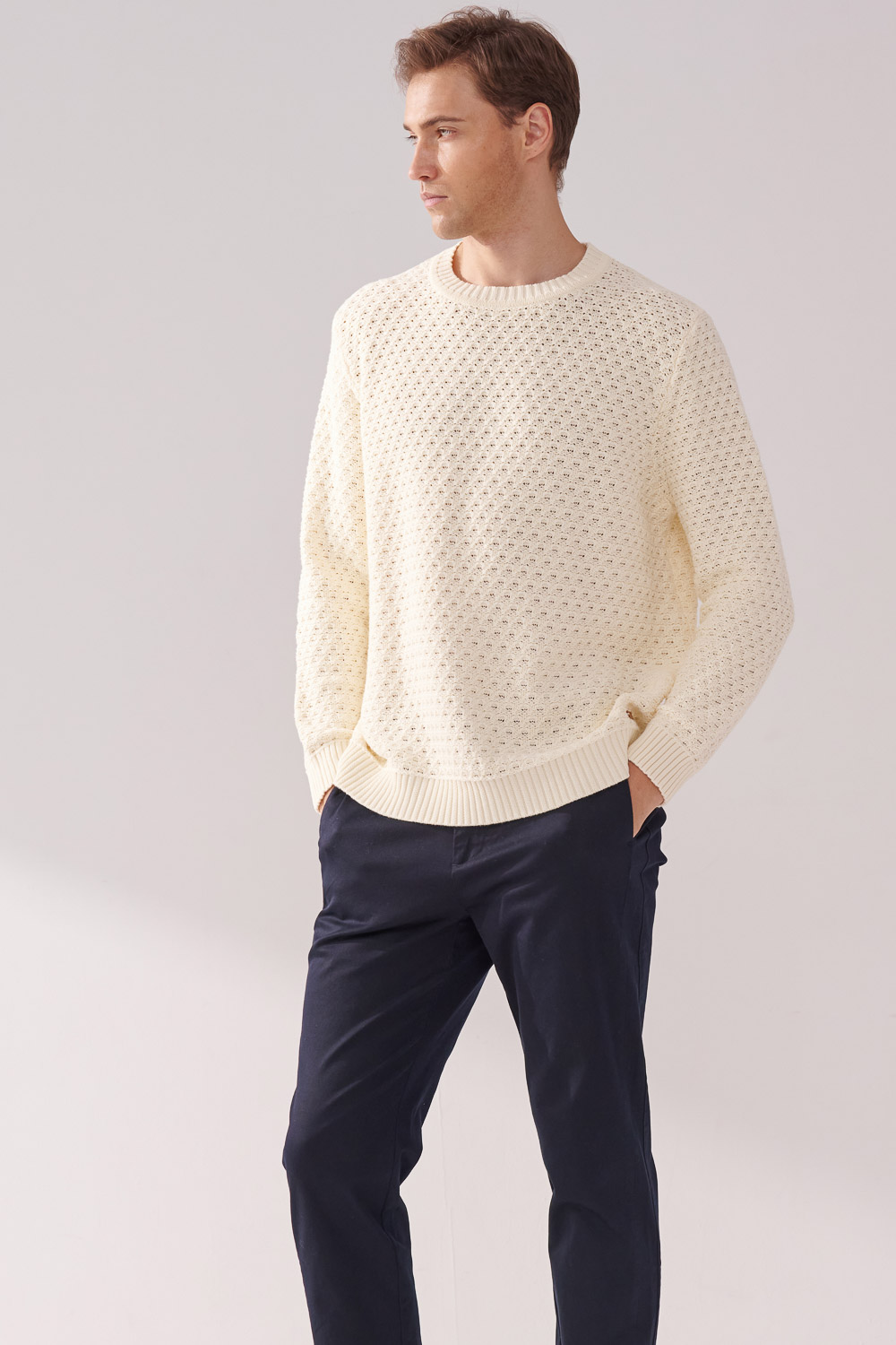 SST&C Off-White Cotton Hollow Crew Neck Sweater | 00182411003_3