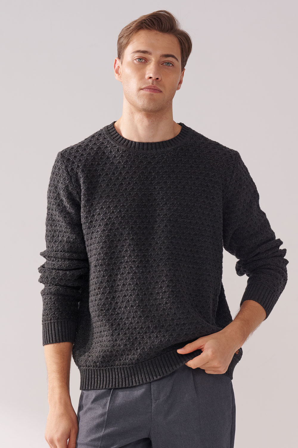 SST&C Dark Gray Cotton Hollow Crew Neck Sweater | 00182411004_0