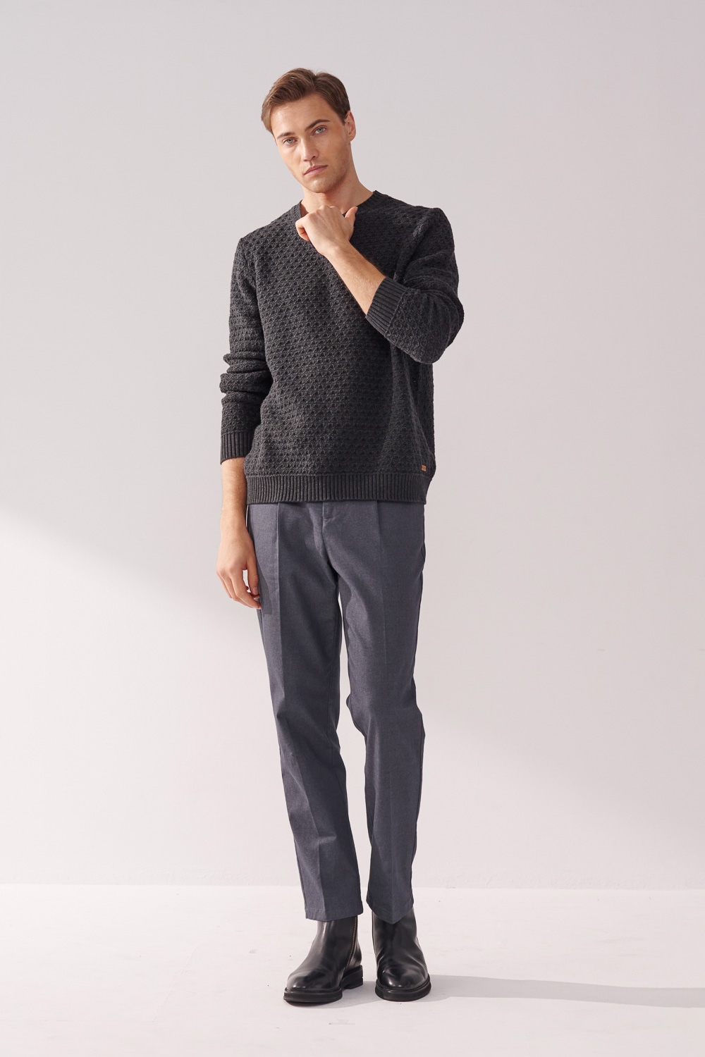 SST&C Dark Gray Cotton Hollow Crew Neck Sweater | 00182411004_2