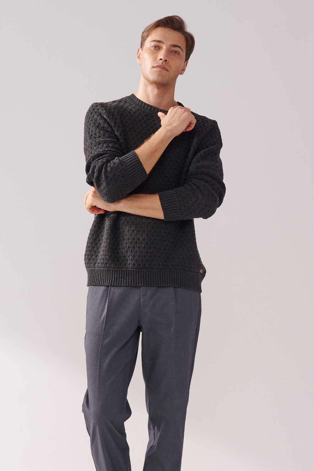 SST&C Dark Gray Cotton Hollow Crew Neck Sweater | 00182411004_3