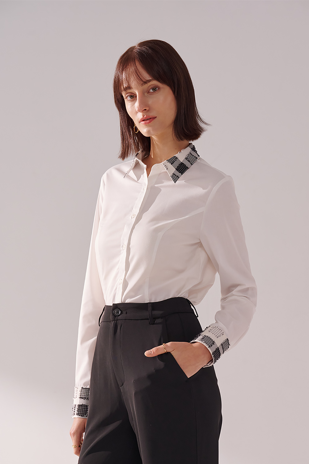 SST&C Check Pattern Patchwork Square-Neck Fitted Shirt | 01062411002_0