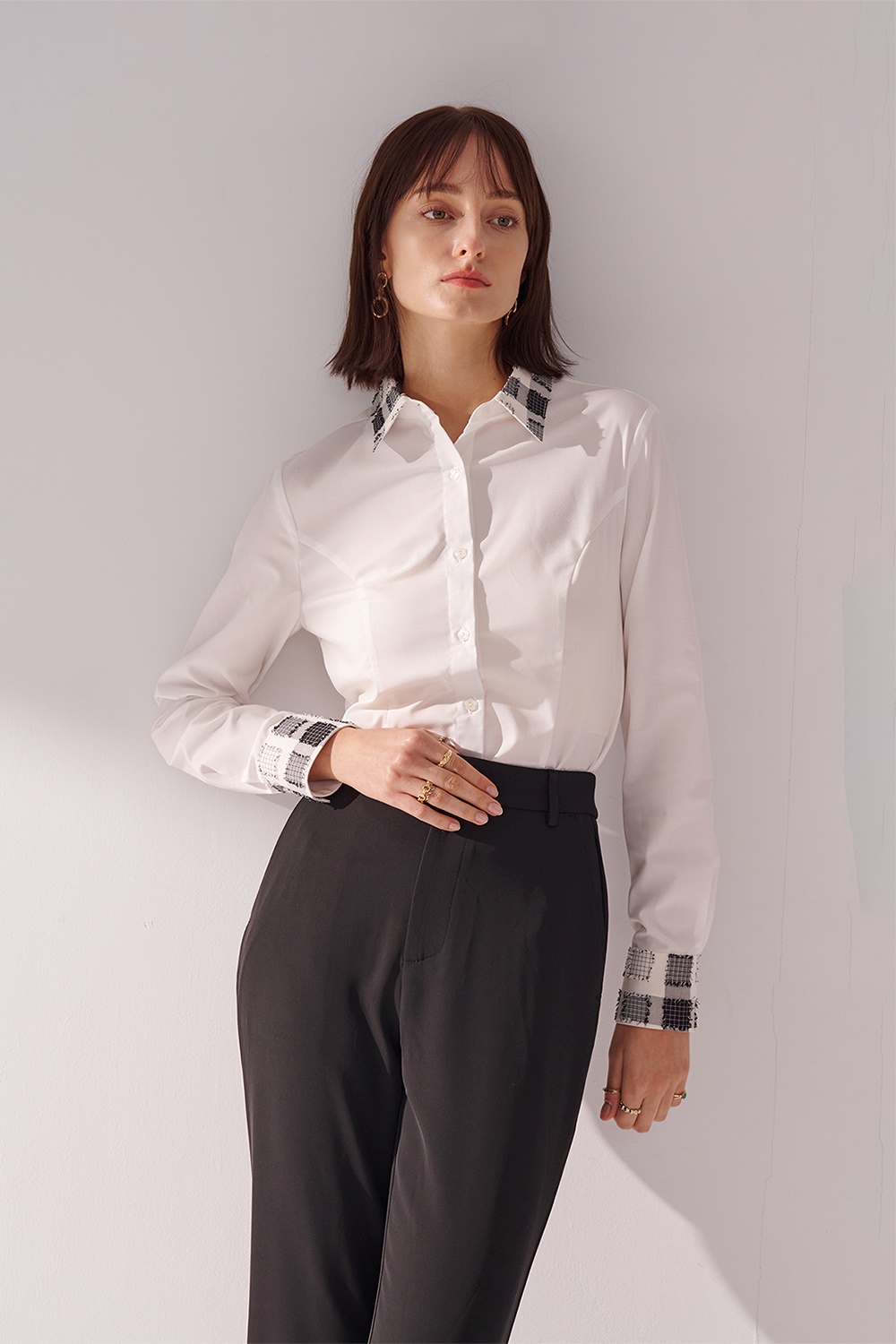 SST&C Check Pattern Patchwork Square-Neck Fitted Shirt | 01062411002_1