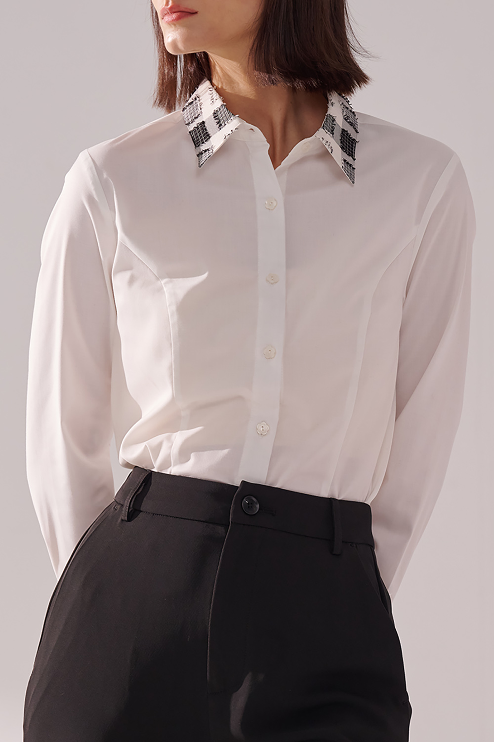 SST&C Check Pattern Patchwork Square-Neck Fitted Shirt | 01062411002_6