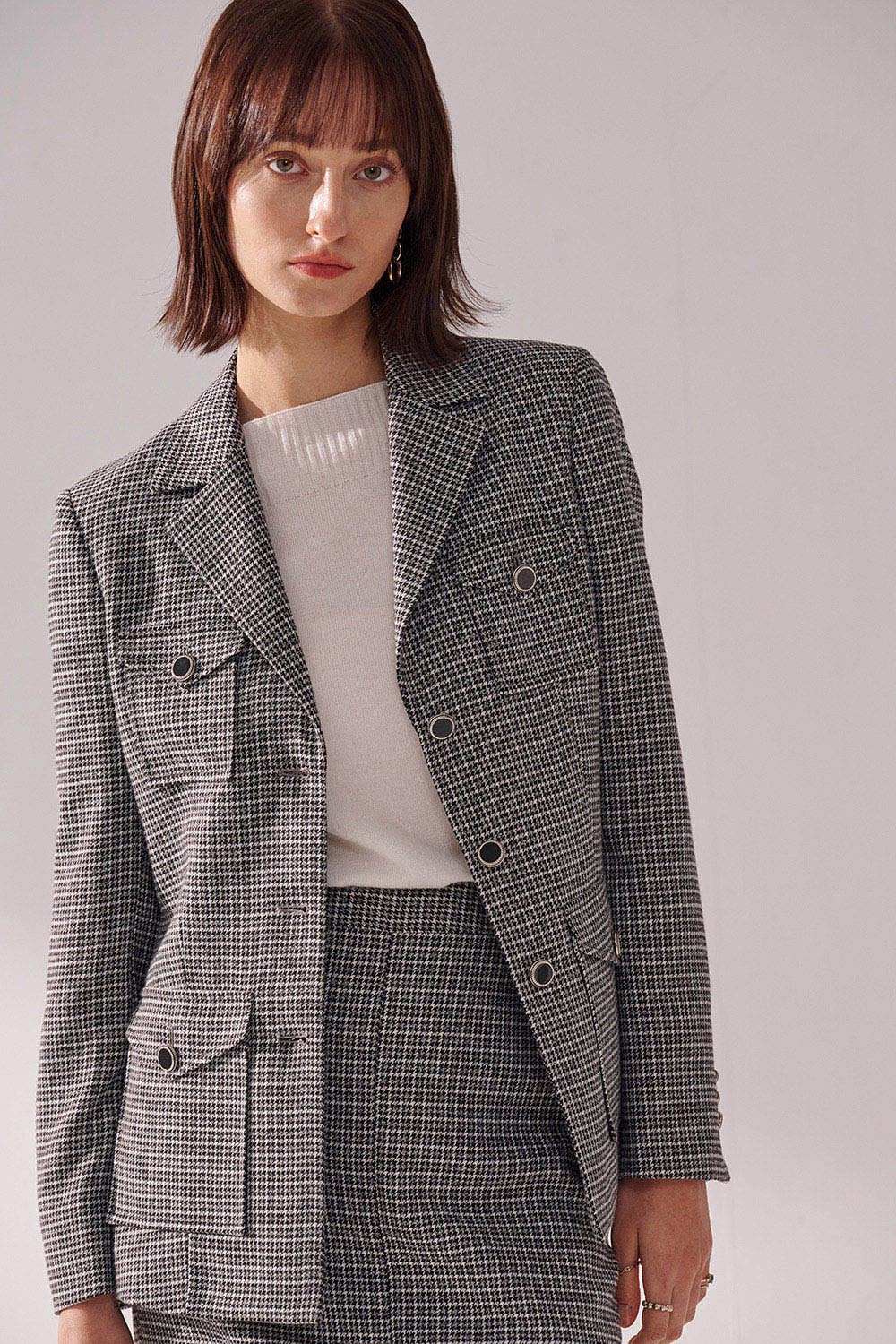 SST&C Black and White Houndstooth Square Collar Long Suit Jacket | 01012411002_0