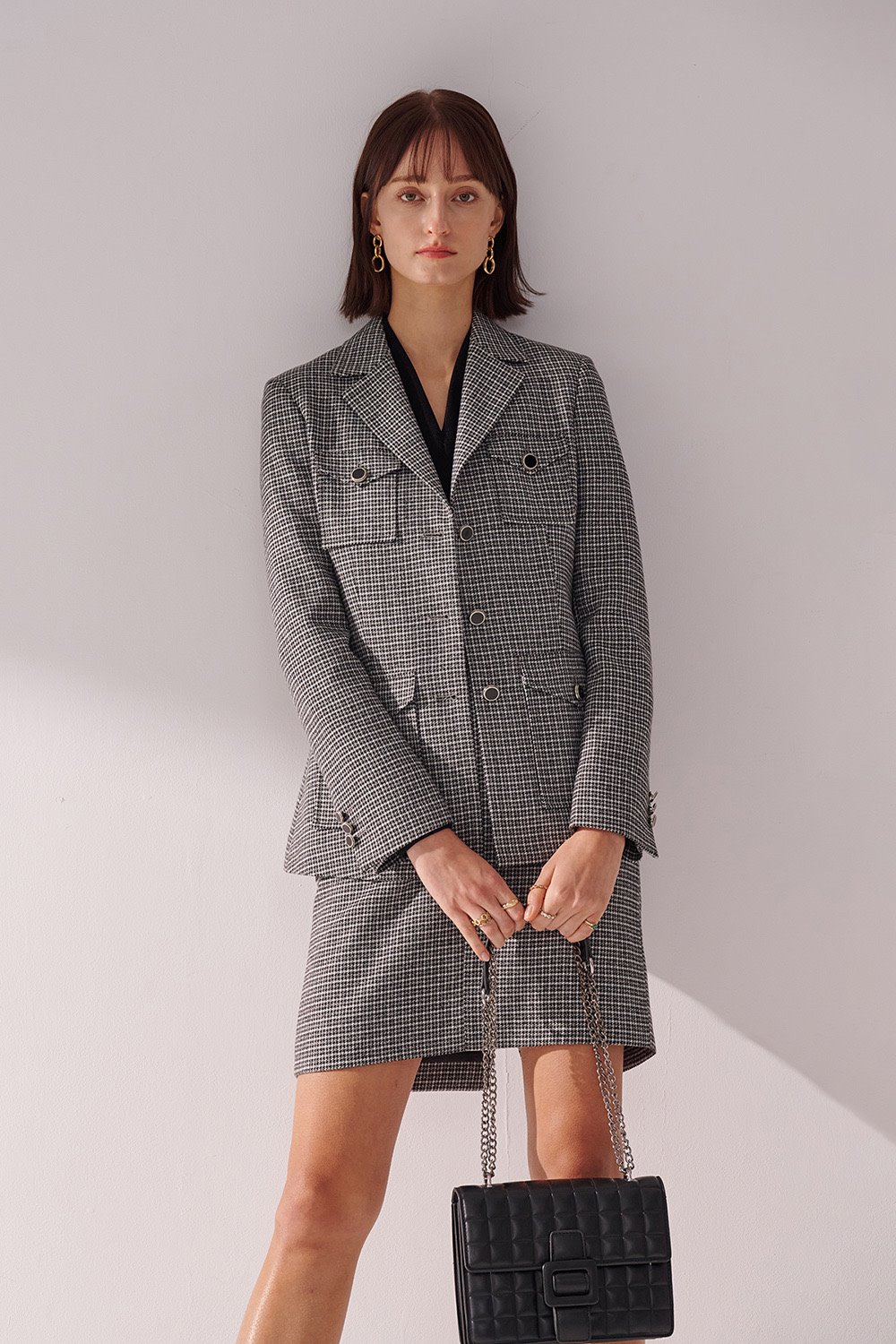 SST&C Black and White Houndstooth Square Collar Long Suit Jacket | 01012411002_1