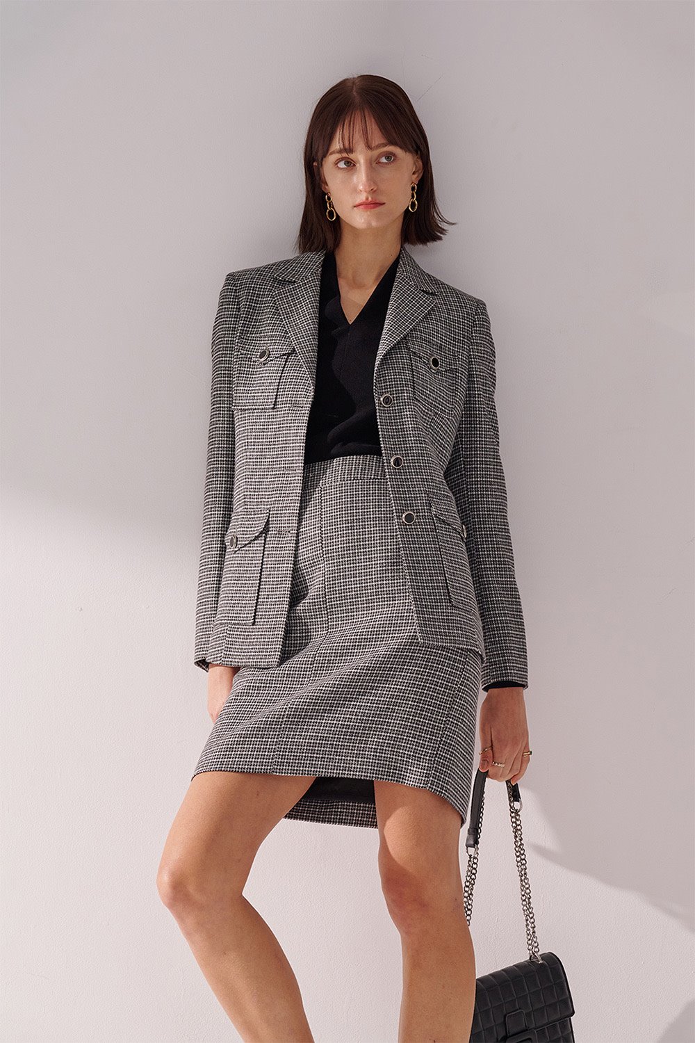 SST&C Black and White Houndstooth Square Collar Long Suit Jacket | 01012411002_2